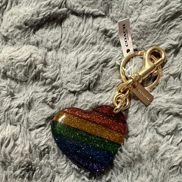 Coach Rainbow Glitter Heart Keychain with Gold Hardware - Picture 2 of 9